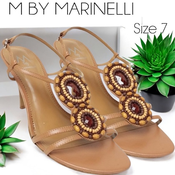 Marinelli “Riona” Beaded Wooden Bezel Stone T-Strap Heels Sandals - Picture 16 of 16
